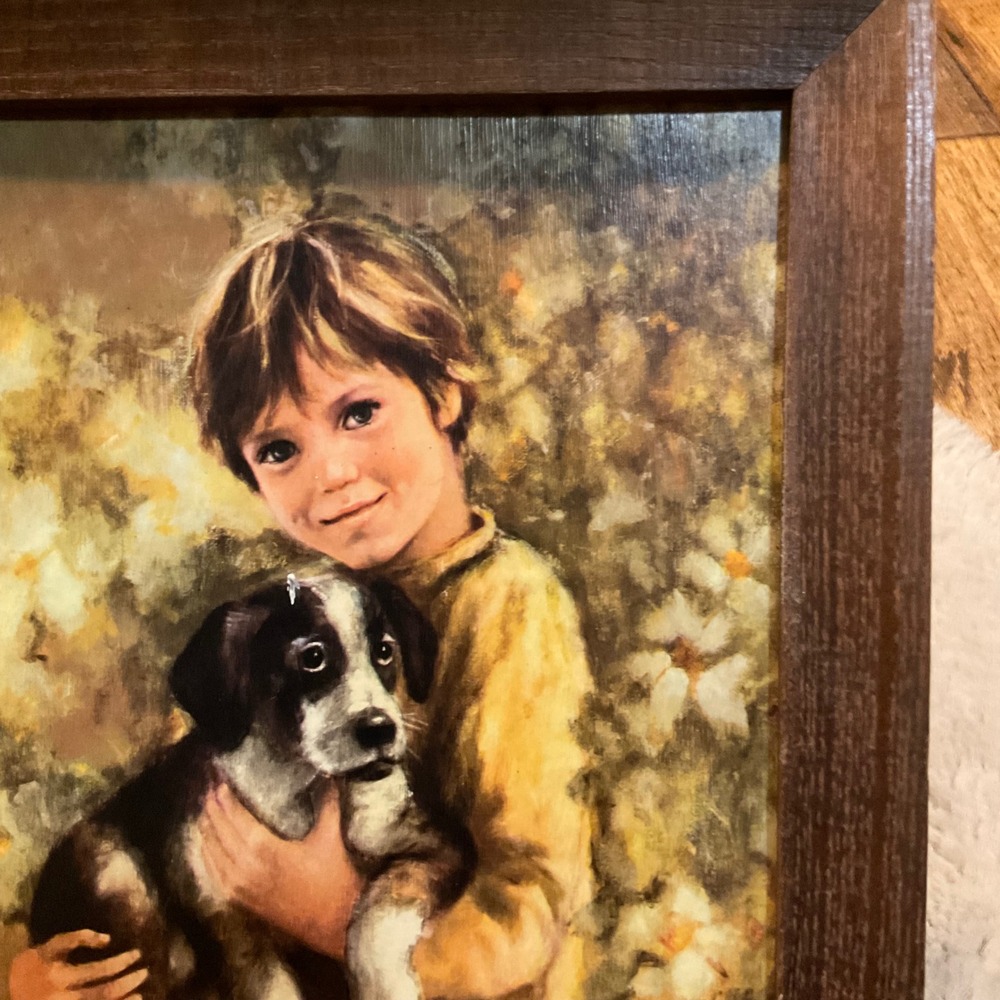 Vintage Boy And Dog Framed Comrades by C. Mitchell Mid Century Artwork Wood Frme - Picture 9 of 12